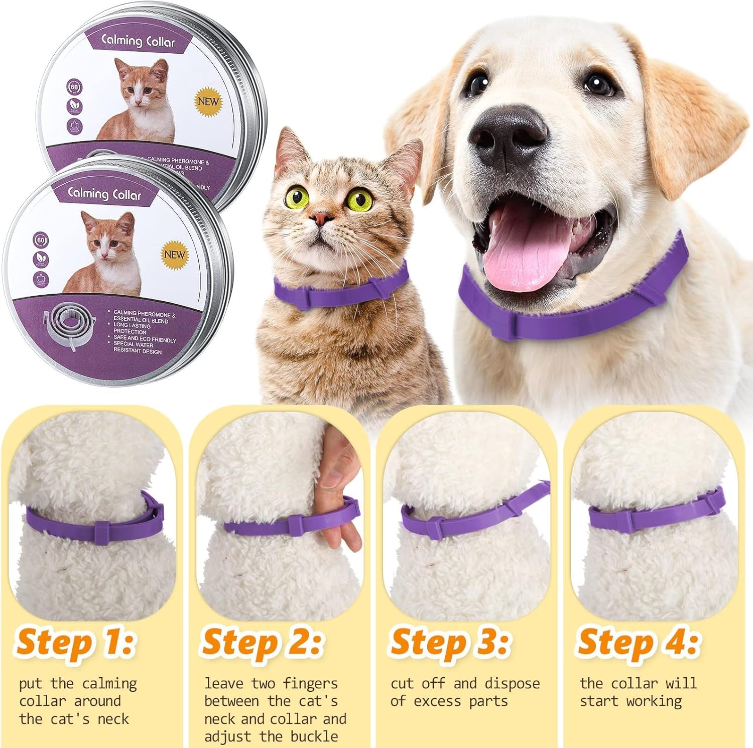 3 Pcs Cat Adjustable Calming Collar, Reduce Anxiety Cat Collars for Pets, Calm Collar Pacify Kitten, Suitable for Small, Medium and Large Cats, 15 Inches (Purple)